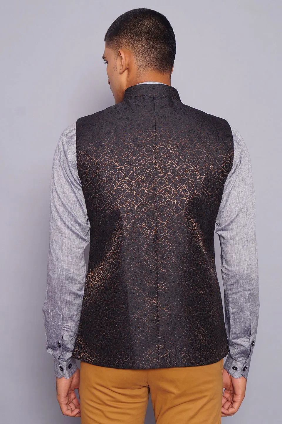 Banarasi Rayon Cotton Black Modi Nehru Jacket