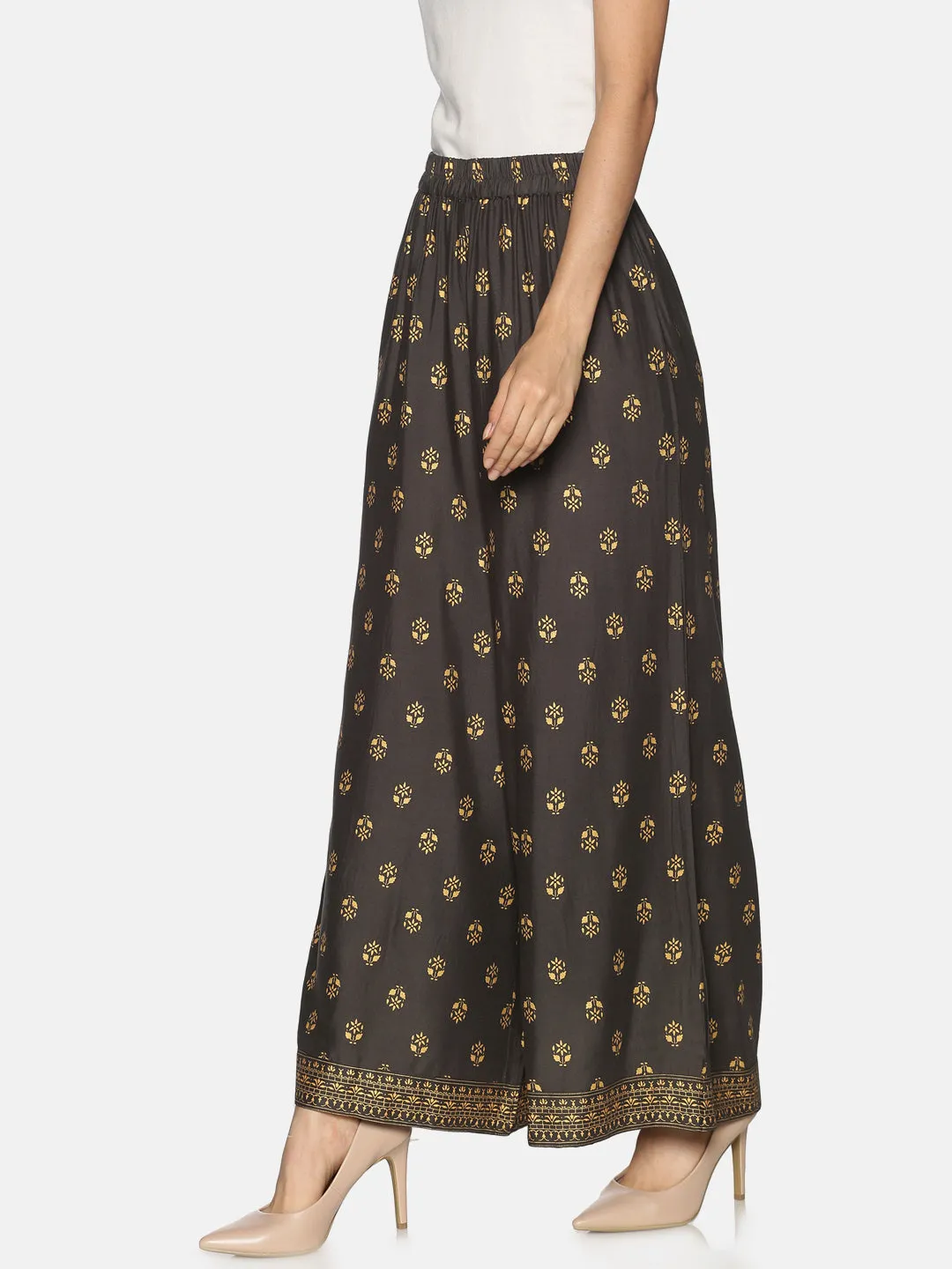 Grey & Gold-Toned Printed Flared Palazzo