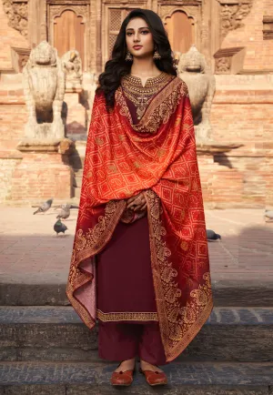 Maroon Embroidered Palazzo Suit
