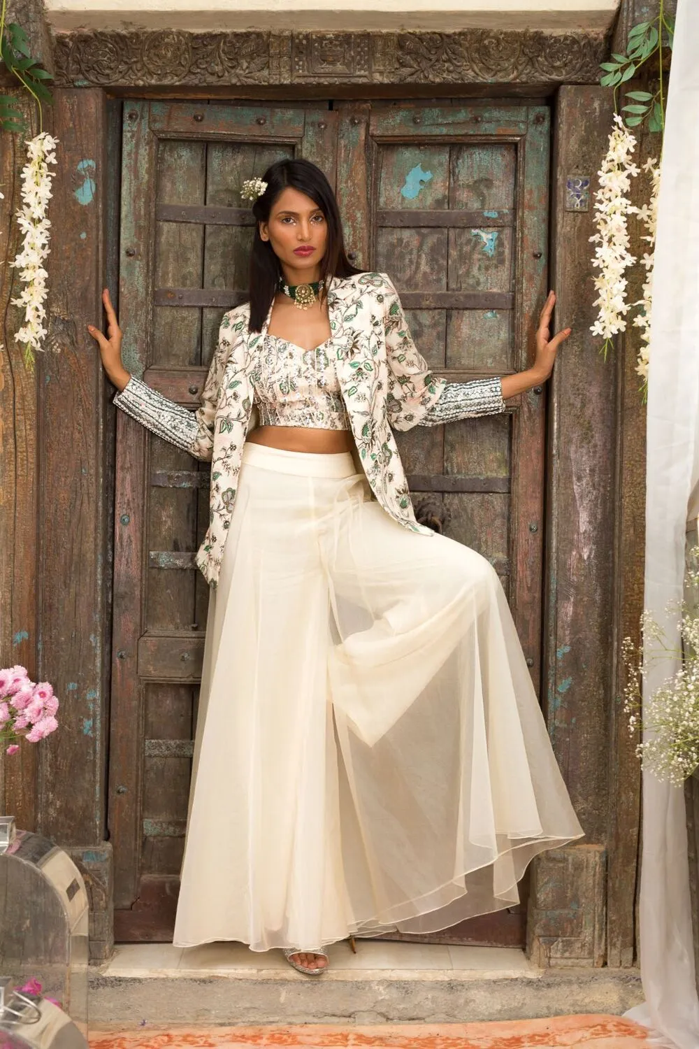 Off White Printed Jacket With Palazzo And Embroidered Inner