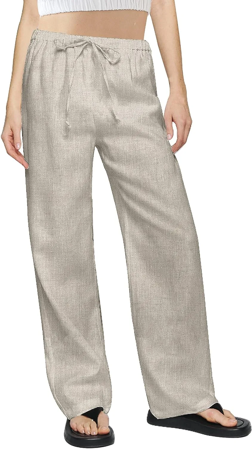 Pure Linen Drawstring Wide Leg Pants with Pockets