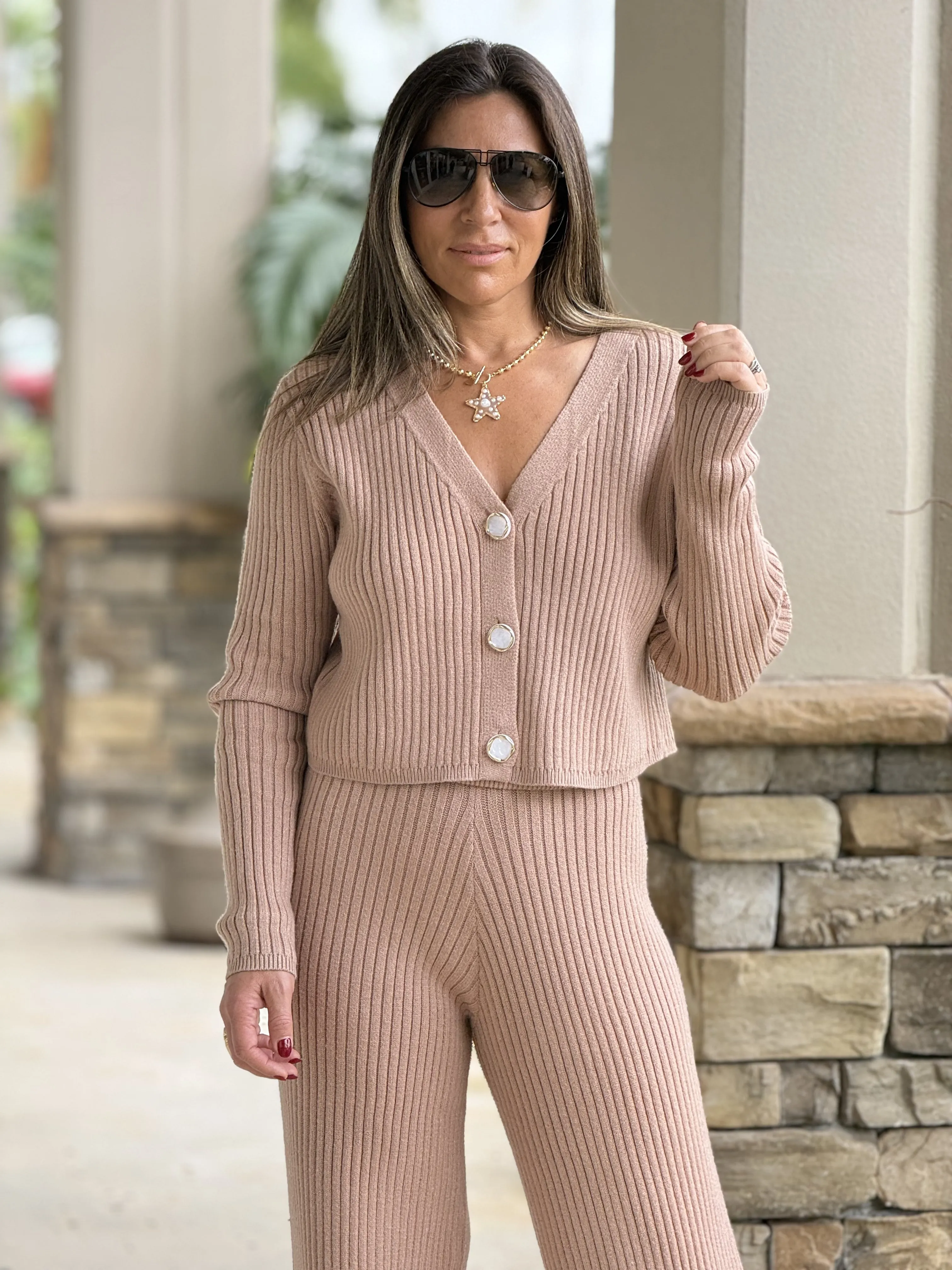 "Alexa" Long Sleeve Knit Sweater And High Waisted Pants Set