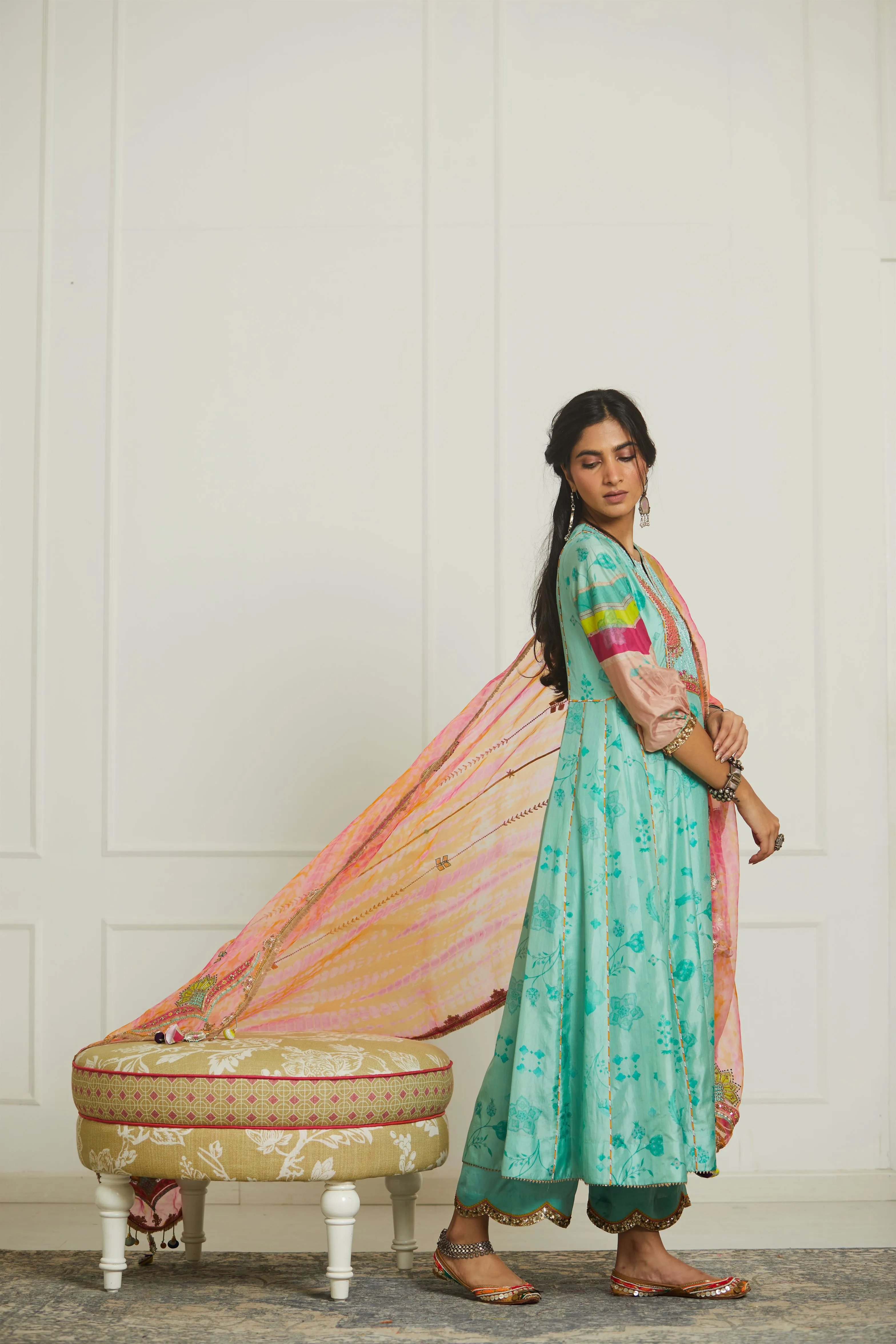 Raji Ramniq Mehezebeen Collection Sea Green Fuchsia Orange Kurta Palazzo Dupatta Mb-111