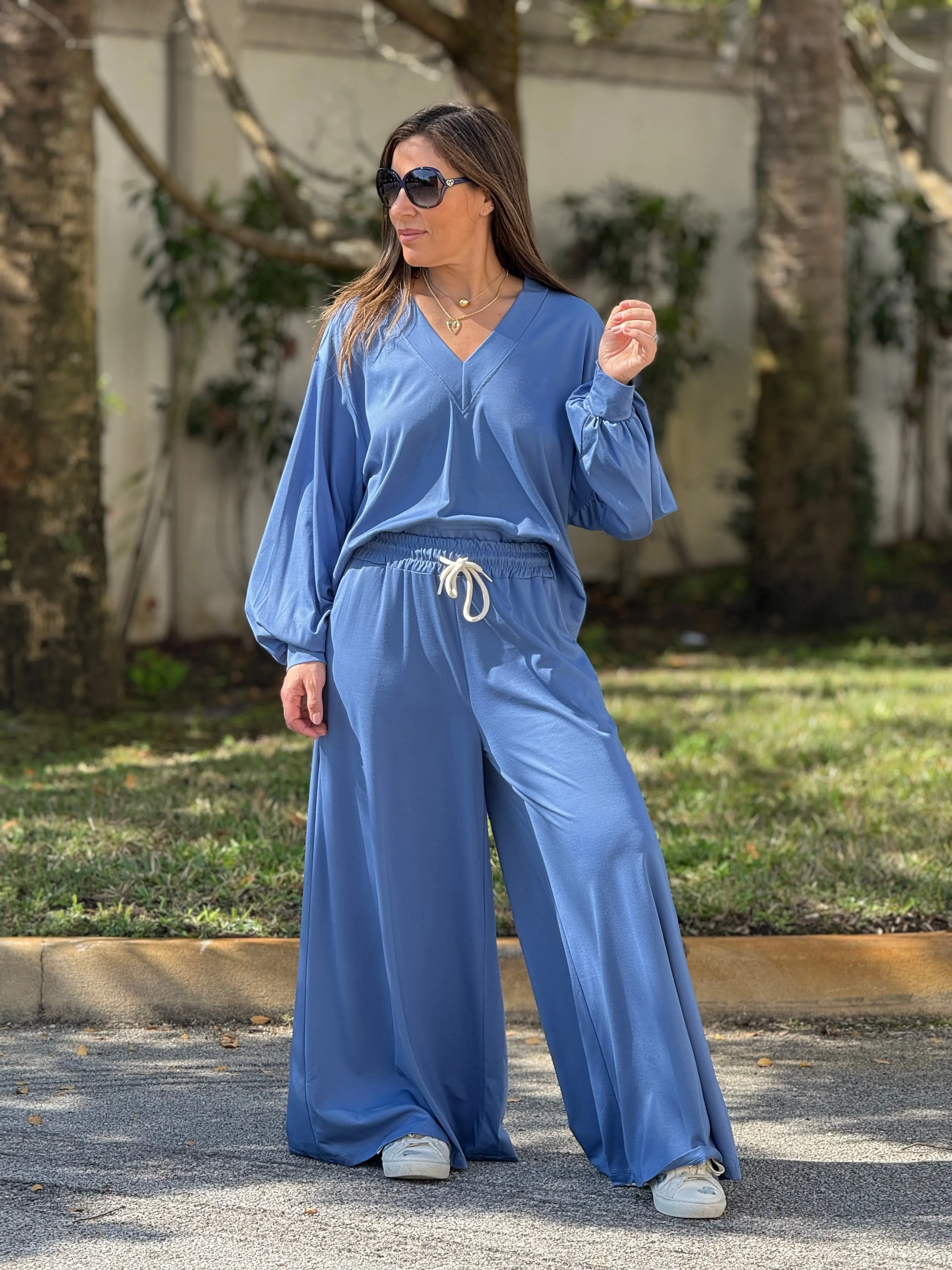 “Shani" Wide Leg High Waisted Pants And Top Shirt Set