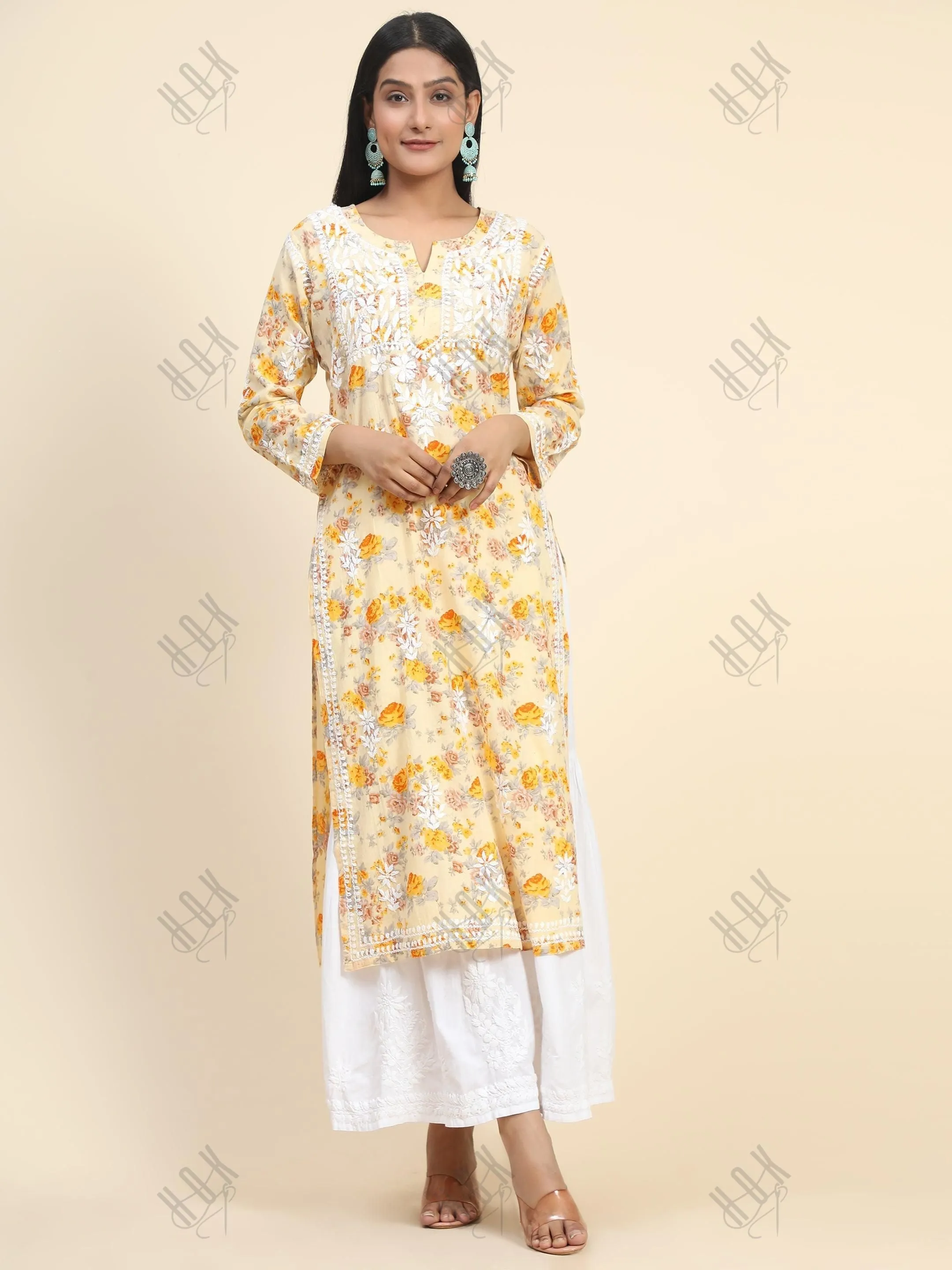 Shivani in  Noor Mul Printed  Hand Embroidery Chikankari Kurta- Yellow