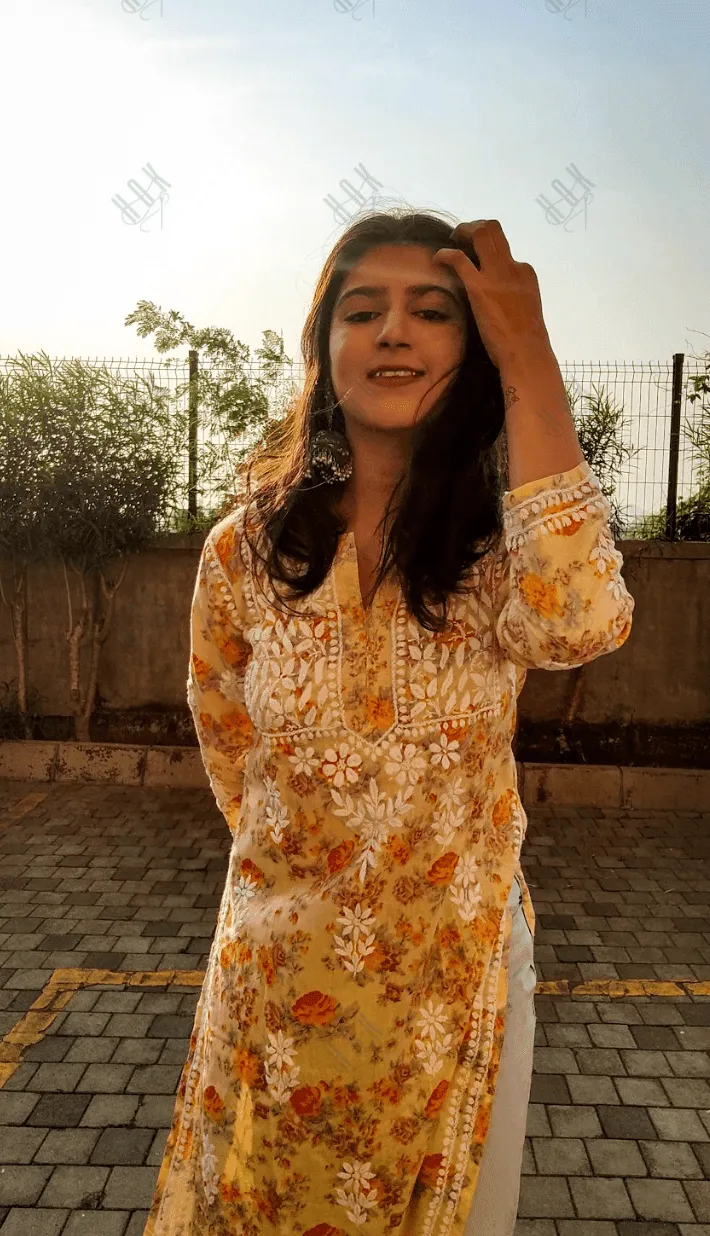 Shivani in  Noor Mul Printed  Hand Embroidery Chikankari Kurta- Yellow