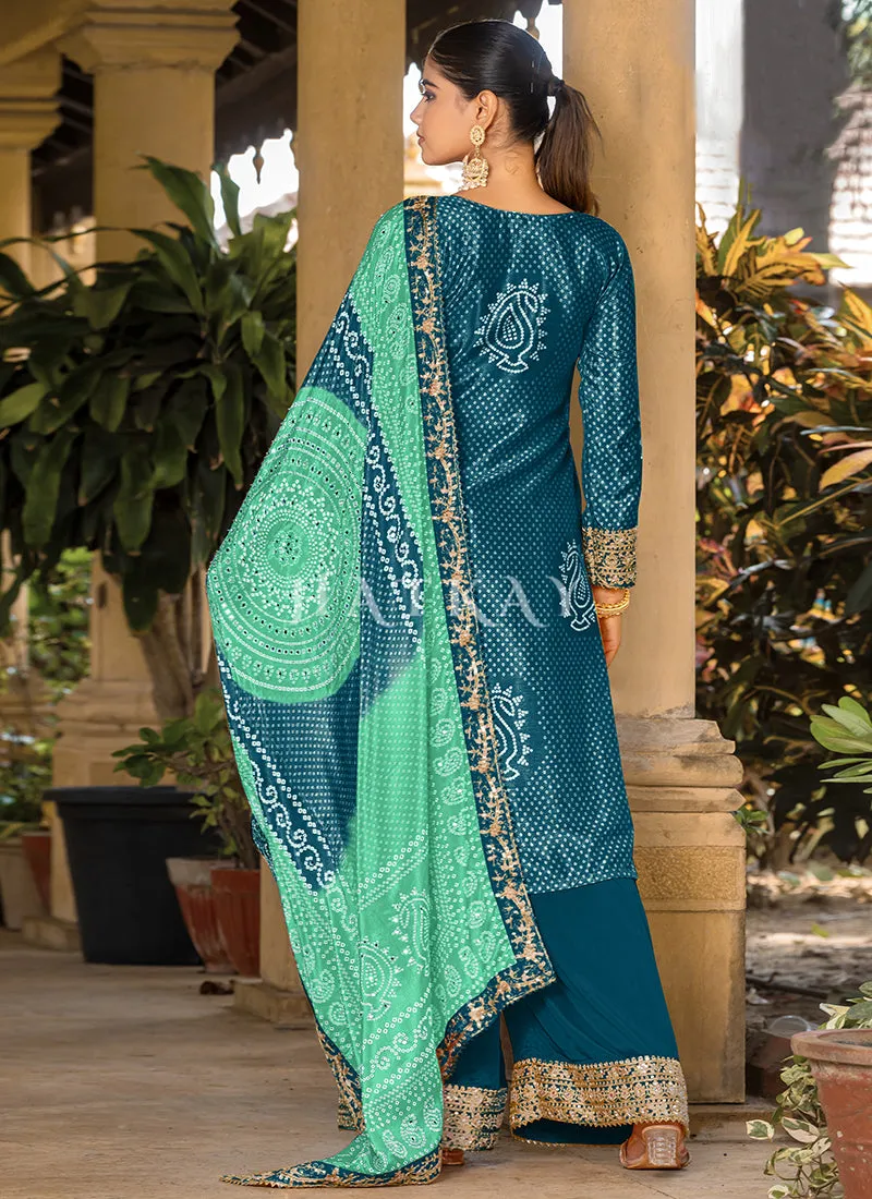 Turquoise And Blue Mirror Work Printed Palazzo Suit