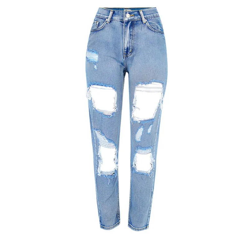 Washed High Waisted Loose Women's Ripped Jeans Long Straight Pants
