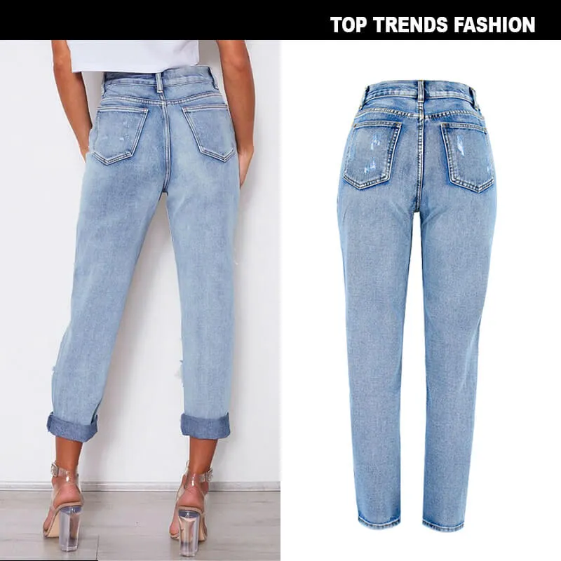 Washed High Waisted Loose Women's Ripped Jeans Long Straight Pants